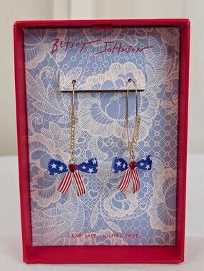 Betsey Johnson Stars And Stripes Bow Earrings USA 4th Of July